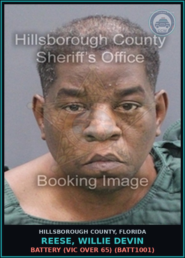 Booking mugshot of REESE, WILLIE DEVIN in Hillsborough County