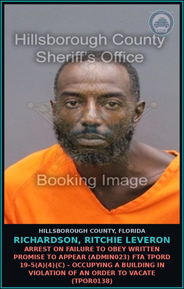 Booking mugshot of RICHARDSON, RITCHIE LEVERON in Hillsborough County