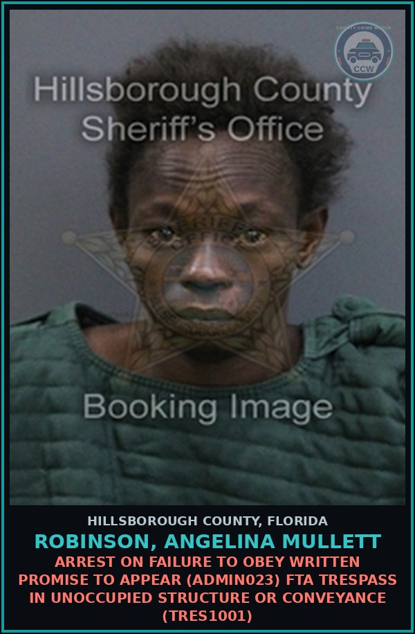 Booking mugshot of ROBINSON, ANGELINA MULLETT in Hillsborough County