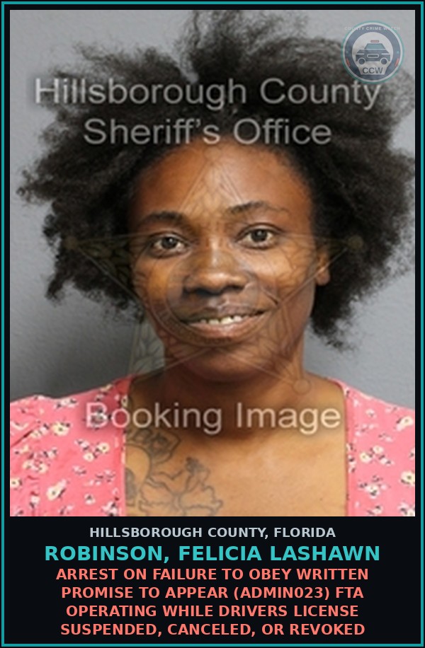 Booking mugshot of ROBINSON, FELICIA LASHAWN in Hillsborough County