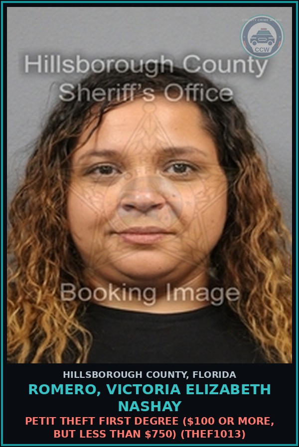 Booking mugshot of ROMERO, VICTORIA ELIZABETH NASHAY in Hillsborough County