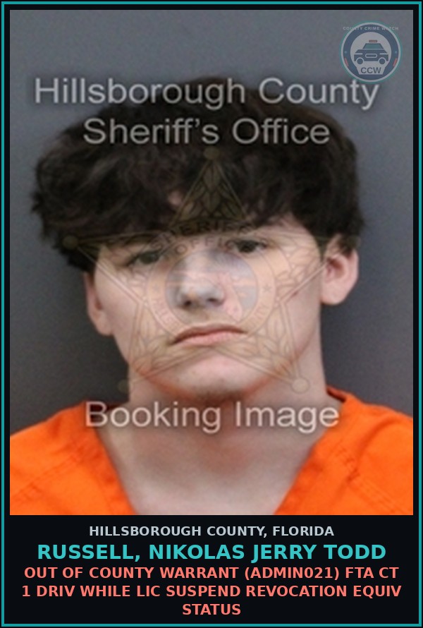 Booking mugshot of RUSSELL, NIKOLAS JERRY TODD in Hillsborough County