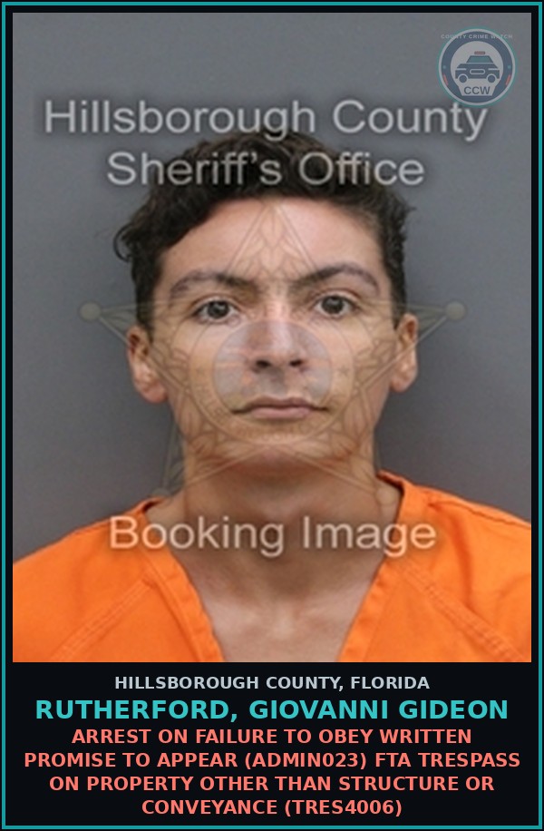 Booking mugshot of RUTHERFORD, GIOVANNI GIDEON in Hillsborough County