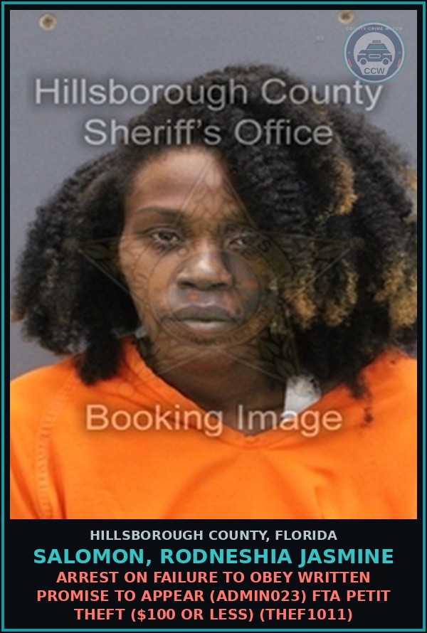 Booking mugshot of SALOMON, RODNESHIA JASMINE in Hillsborough County