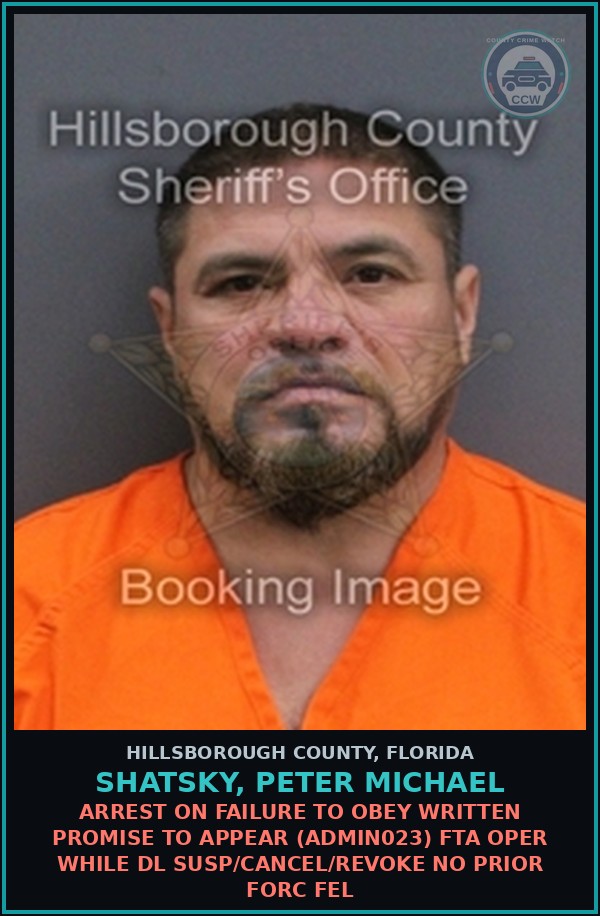 Booking mugshot of SHATSKY, PETER MICHAEL in Hillsborough County