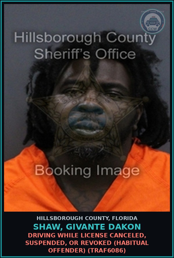 Booking mugshot of SHAW, GIVANTE DAKON in Hillsborough County