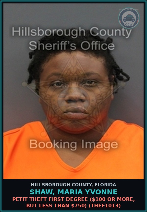 Booking mugshot of SHAW, MARIA YVONNE in Hillsborough County