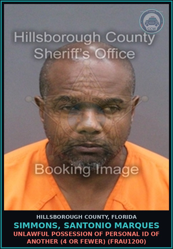 Booking mugshot of SIMMONS, SANTONIO MARQUES in Hillsborough County