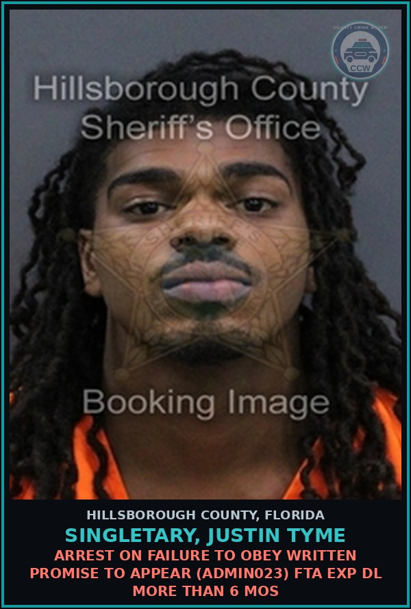 Booking mugshot of SINGLETARY, JUSTIN TYME in Hillsborough County