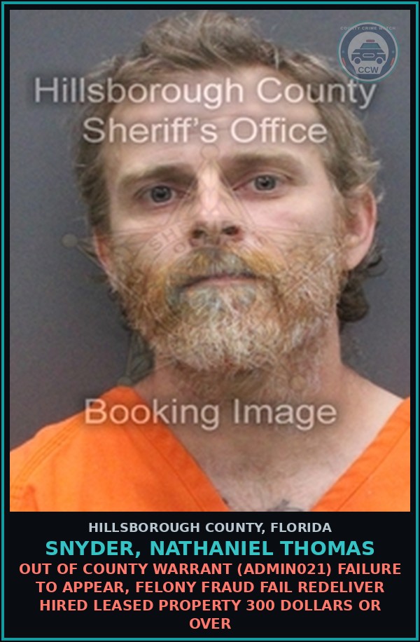 Booking mugshot of SNYDER, NATHANIEL THOMAS in Hillsborough County