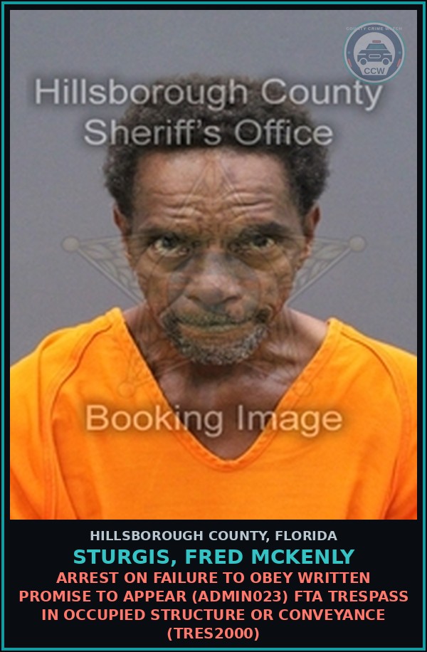 Booking mugshot of STURGIS, FRED MCKENLY in Hillsborough County