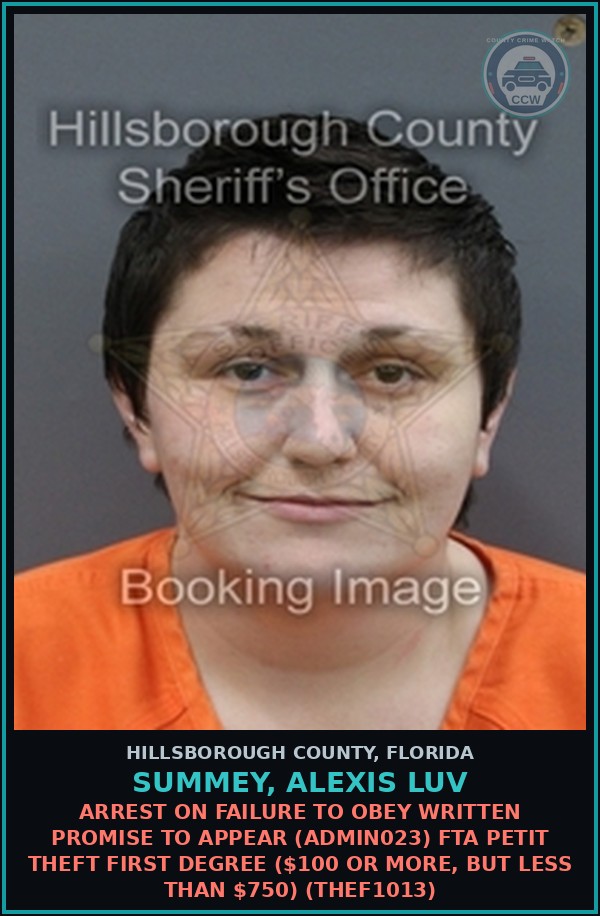 Booking mugshot of SUMMEY, ALEXIS LUV in Hillsborough County