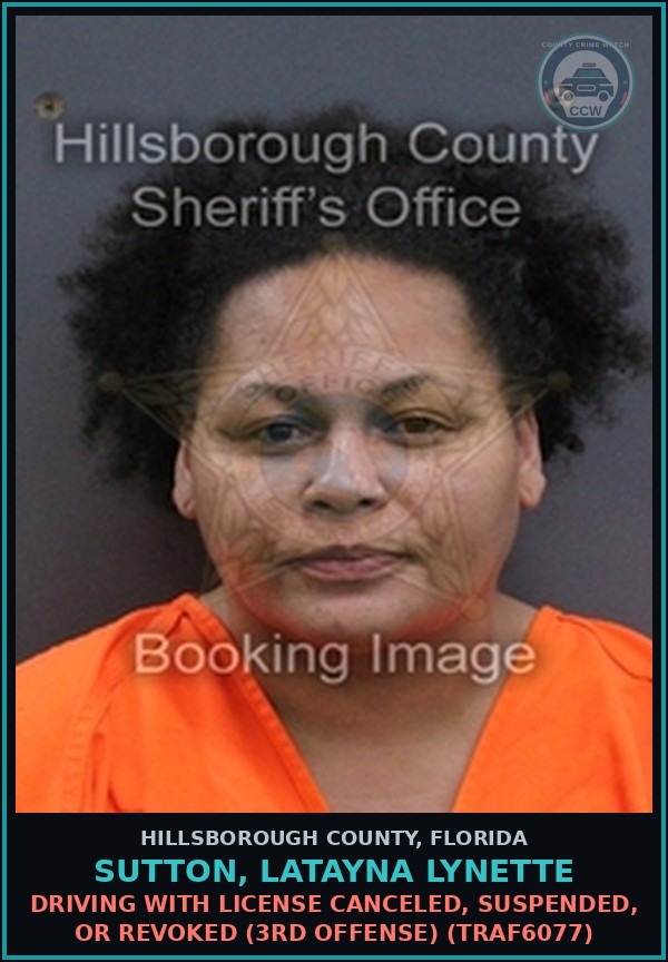 Booking mugshot of SUTTON, LATAYNA LYNETTE in Hillsborough County