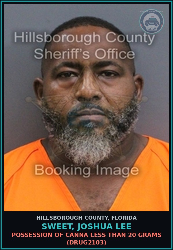 Booking mugshot of SWEET, JOSHUA LEE in Hillsborough County