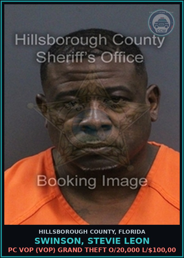Booking mugshot of SWINSON, STEVIE LEON in Hillsborough County