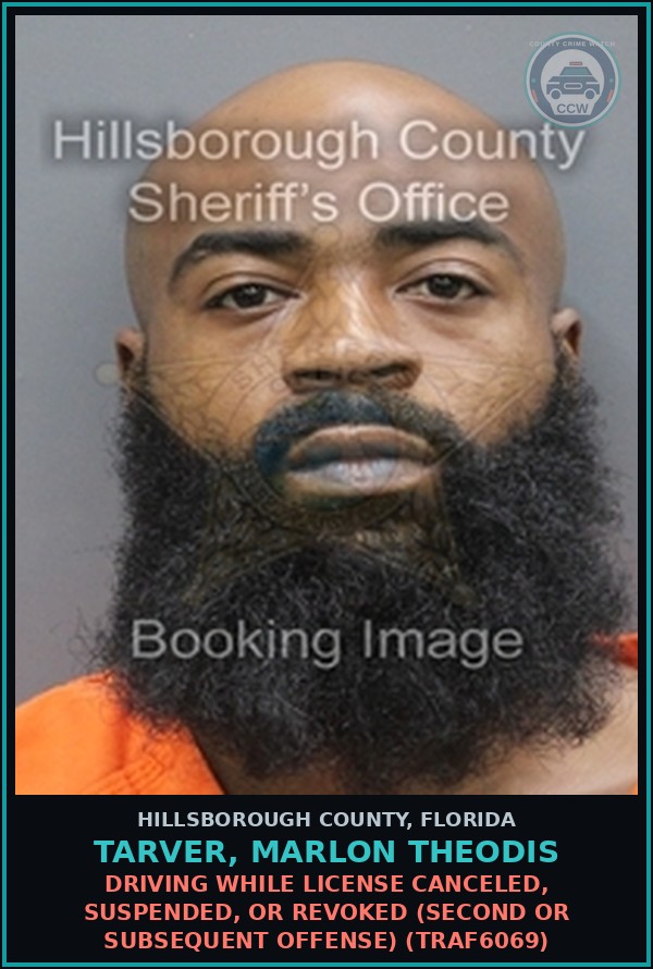 Booking mugshot of TARVER, MARLON THEODIS in Hillsborough County