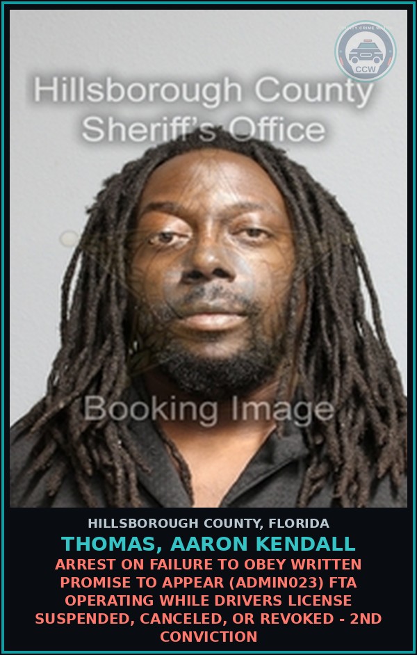 Booking mugshot of THOMAS, AARON KENDALL in Hillsborough County