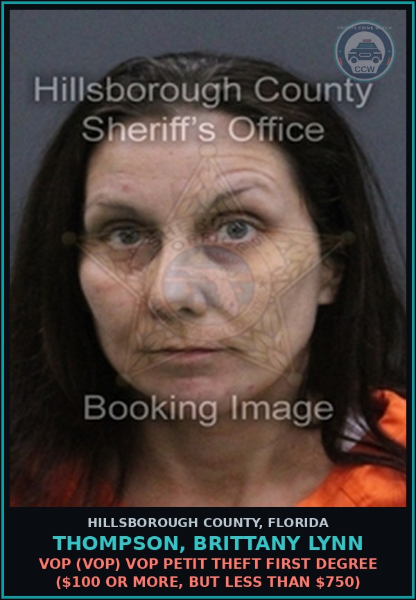 Booking mugshot of THOMPSON, BRITTANY LYNN in Hillsborough County