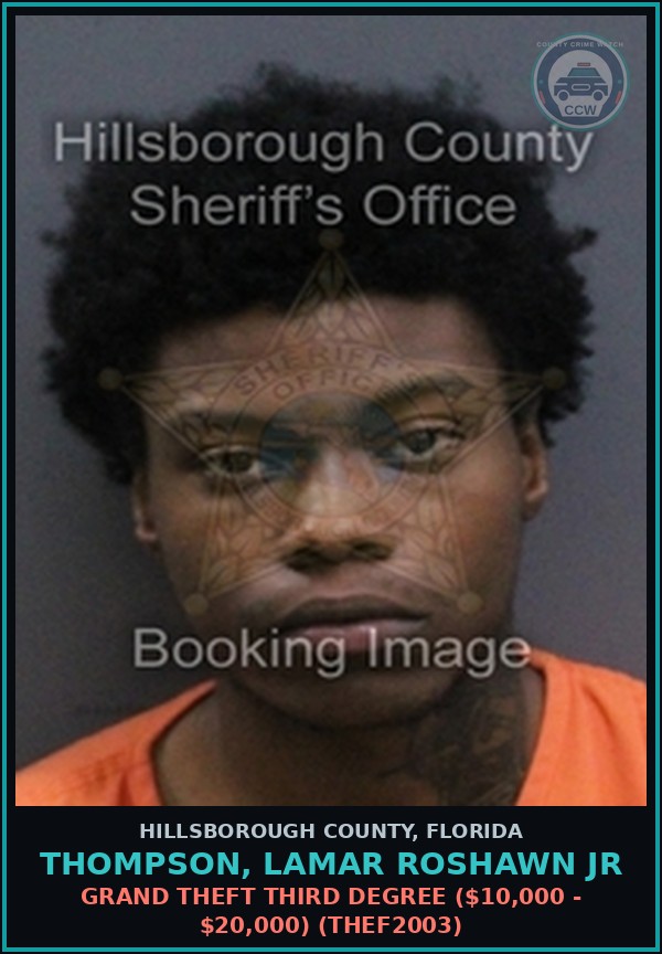 Booking mugshot of THOMPSON, LAMAR ROSHAWN JR in Hillsborough County