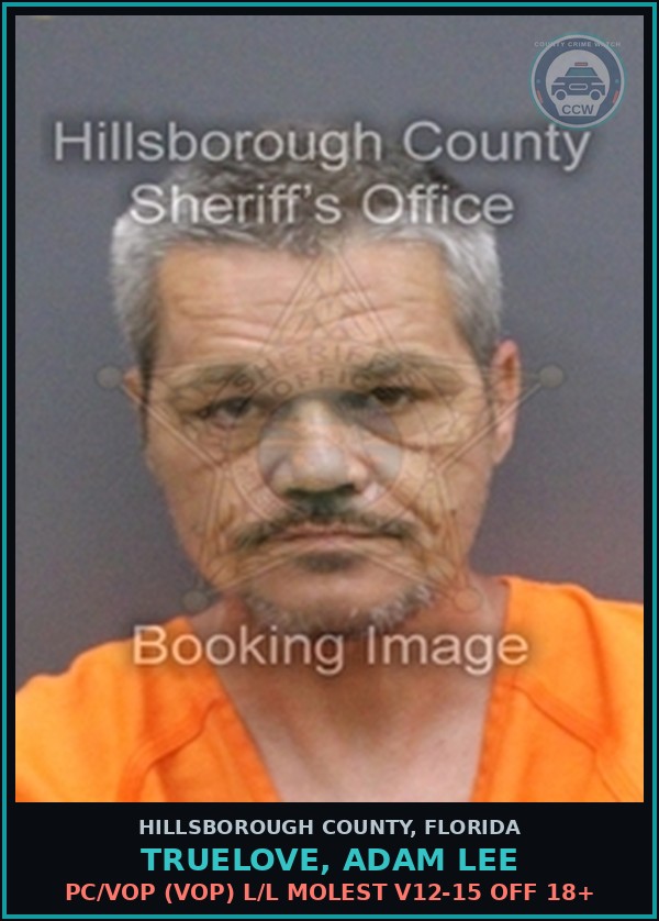 Booking mugshot of TRUELOVE, ADAM LEE in Hillsborough County