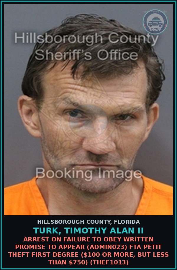 Booking mugshot of TURK, TIMOTHY ALAN II in Hillsborough County