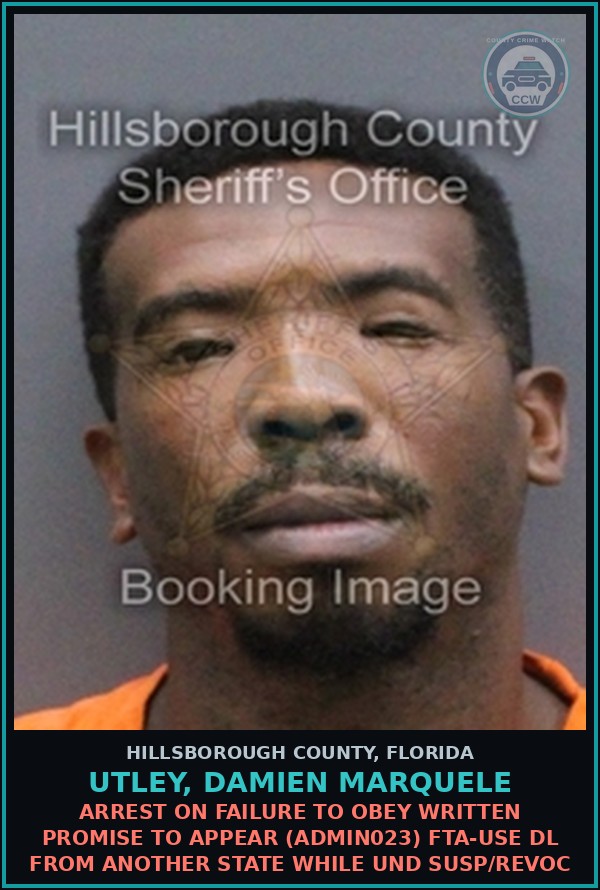 Booking mugshot of UTLEY, DAMIEN MARQUELE in Hillsborough County