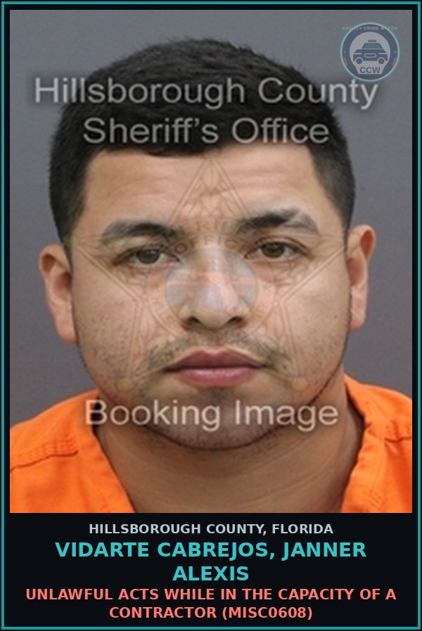 Booking mugshot of VIDARTE CABREJOS, JANNER ALEXIS in Hillsborough County