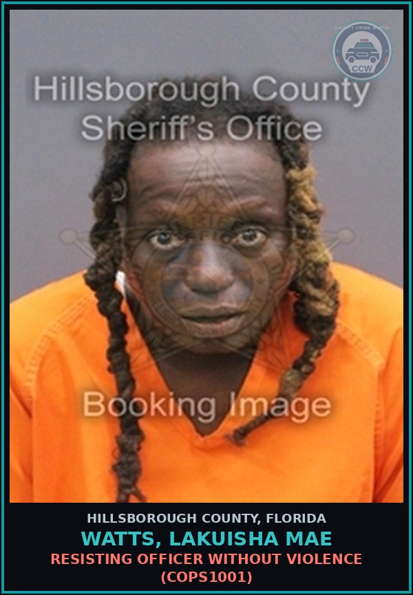 Booking mugshot of WATTS, LAKUISHA MAE in Hillsborough County