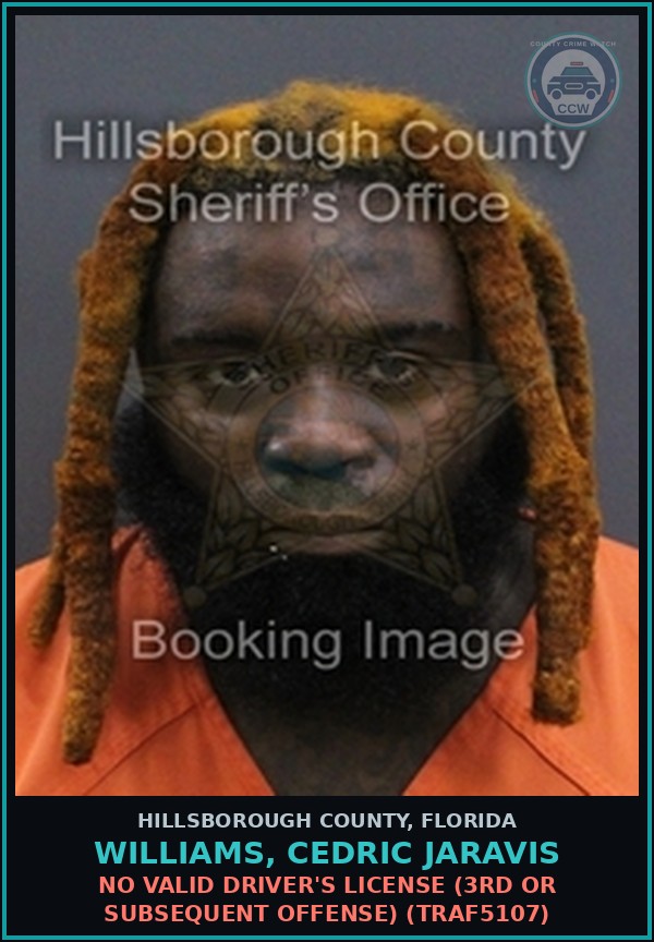 Booking mugshot of WILLIAMS, CEDRIC JARAVIS in Hillsborough County