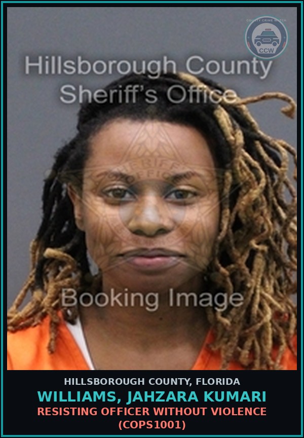 Booking mugshot of WILLIAMS, JAHZARA KUMARI in Hillsborough County