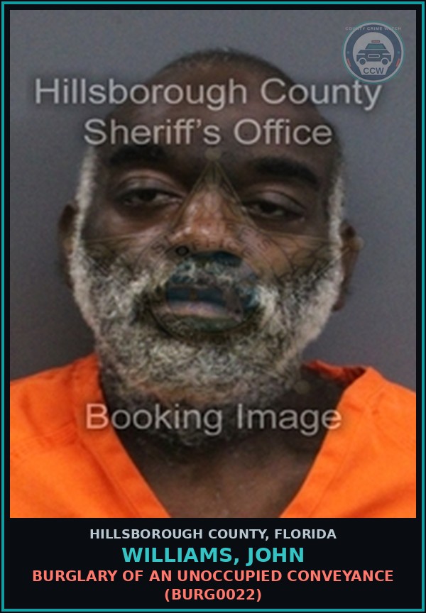 Booking mugshot of WILLIAMS, JOHN in Hillsborough County
