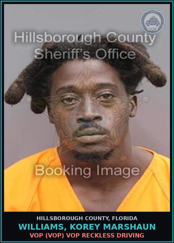 Booking mugshot of WILLIAMS, KOREY MARSHAUN in Hillsborough County