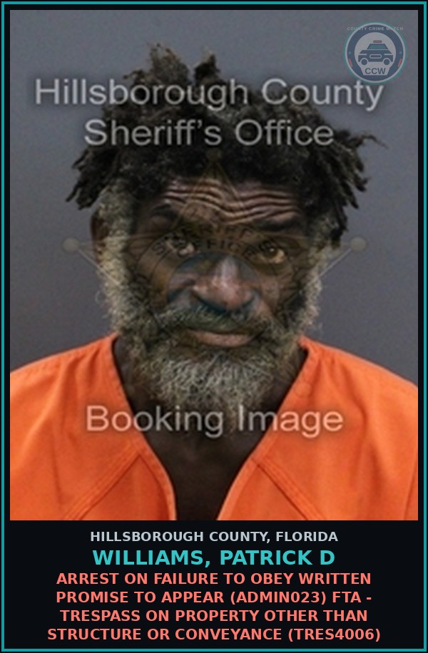 Booking mugshot of WILLIAMS, PATRICK D in Hillsborough County