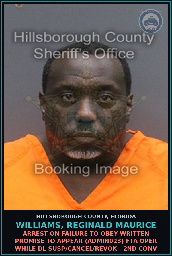 Booking mugshot of WILLIAMS, REGINALD MAURICE in Hillsborough County