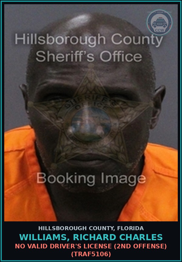 Booking mugshot of WILLIAMS, RICHARD CHARLES in Hillsborough County