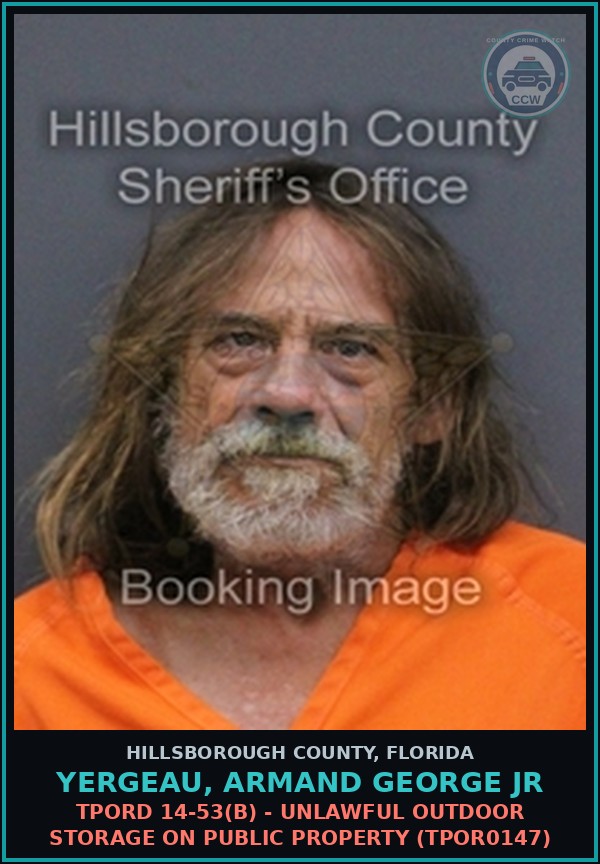 Booking mugshot of YERGEAU, ARMAND GEORGE JR in Hillsborough County