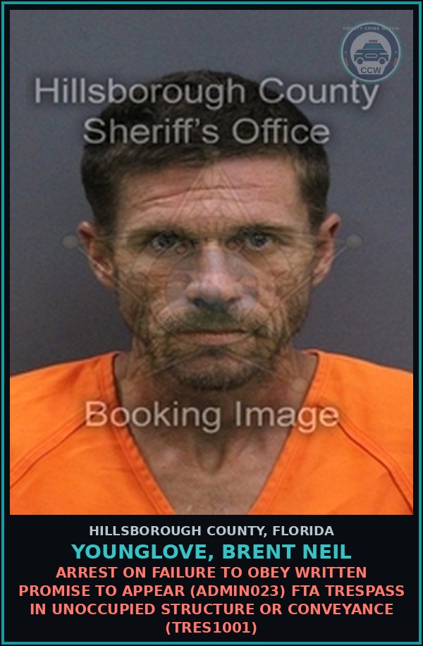 Booking mugshot of YOUNGLOVE, BRENT NEIL in Hillsborough County