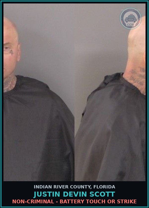 Booking mugshot of Justin Devin Scott in Indian River County