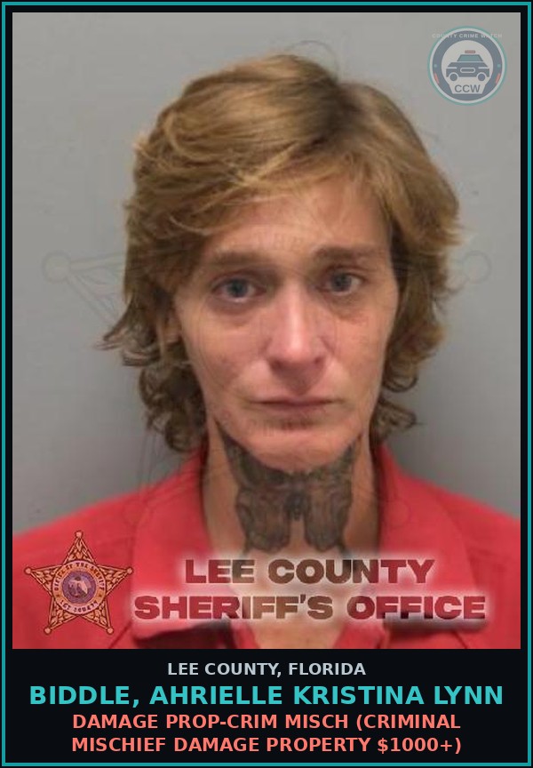 Booking mugshot of BIDDLE, AHRIELLE KRISTINA LYNN in Lee County