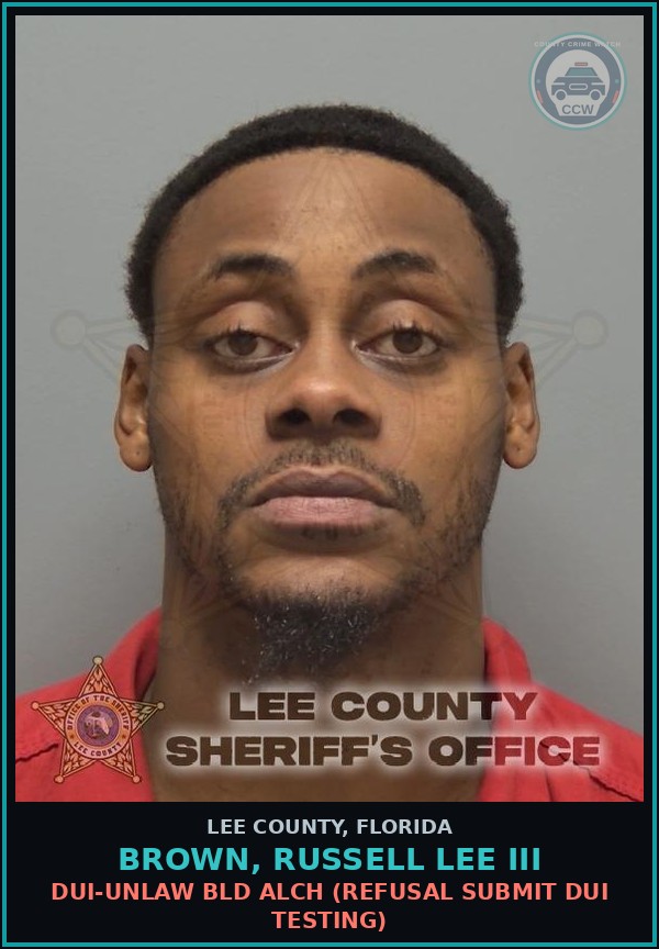 Booking mugshot of BROWN, RUSSELL LEE III in Lee County