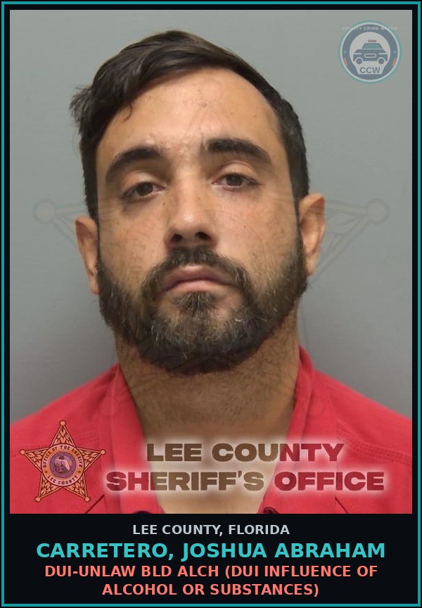 Booking mugshot of CARRETERO, JOSHUA ABRAHAM in Lee County