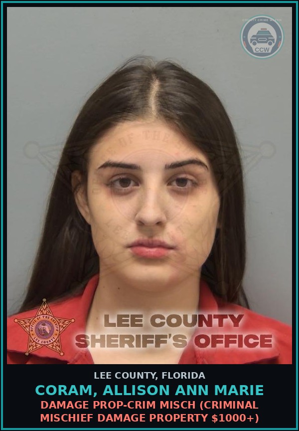 Booking mugshot of CORAM, ALLISON ANN MARIE in Lee County