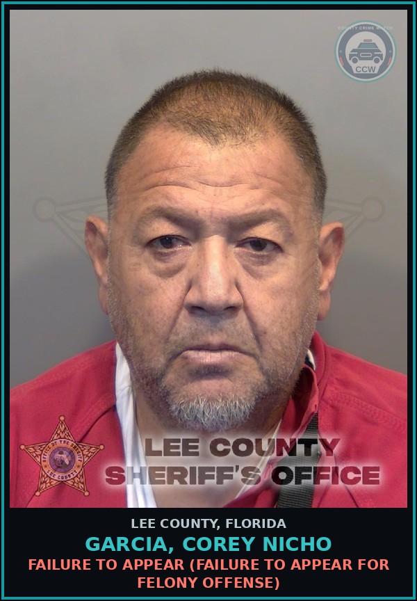 Booking mugshot of GARCIA, COREY NICHO in Lee County