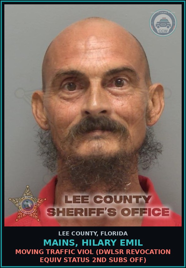 Booking mugshot of MAINS, HILARY EMIL in Lee County