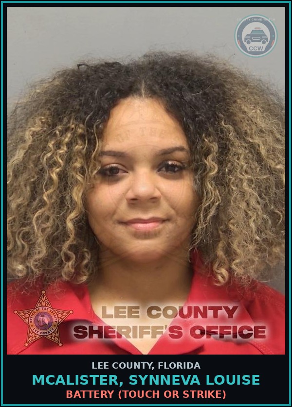 Booking mugshot of MCALISTER, SYNNEVA LOUISE in Lee County
