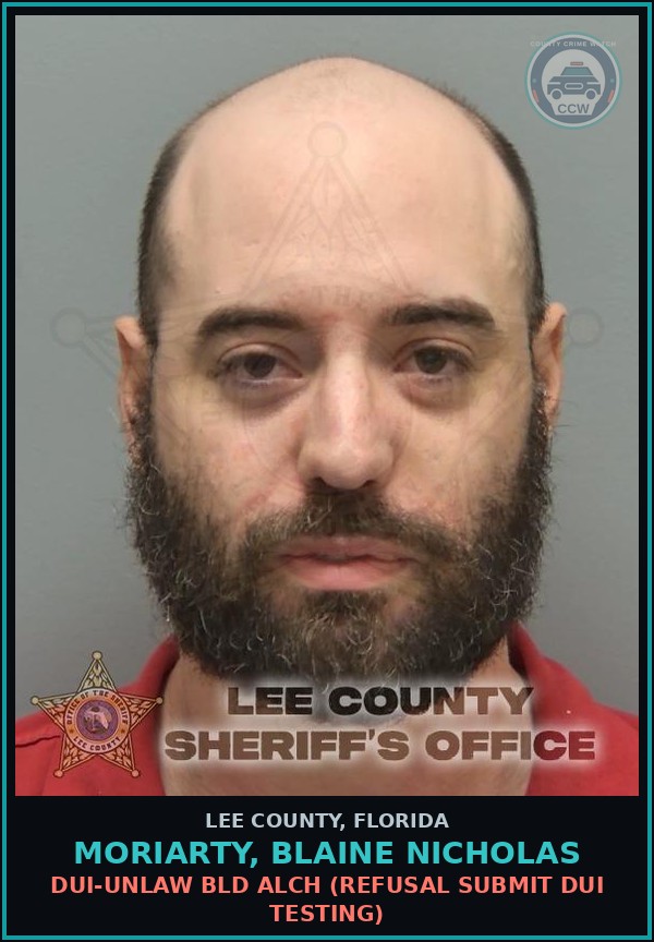 Booking mugshot of MORIARTY, BLAINE NICHOLAS in Lee County