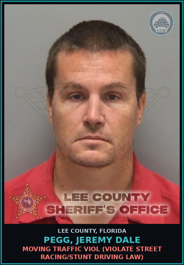 Booking mugshot of PEGG, JEREMY DALE in Lee County