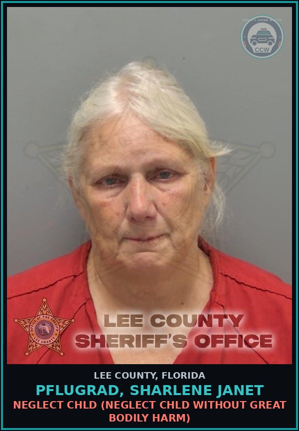 Booking mugshot of PFLUGRAD, SHARLENE JANET in Lee County