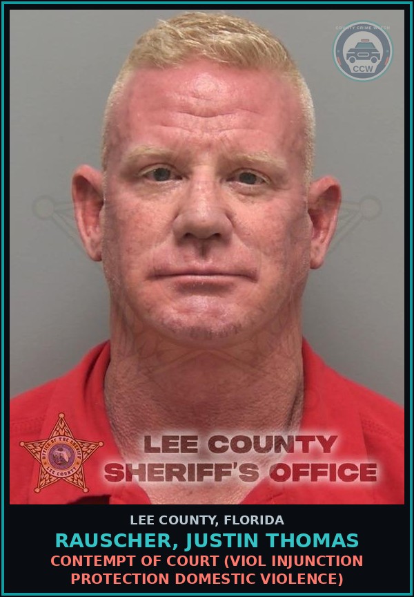 Booking mugshot of RAUSCHER, JUSTIN THOMAS in Lee County