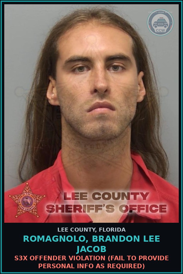 Booking mugshot of ROMAGNOLO, BRANDON LEE JACOB in Lee County